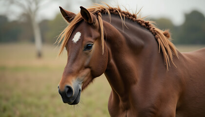 Fototapeta premium Majestic Chestnut Horse with White Star Mark Displaying Braided Beauty 