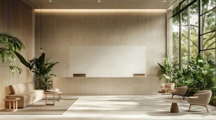 Fototapeta premium Modern minimalist lobby with beige walls, large windows, plants, and a blank screen.