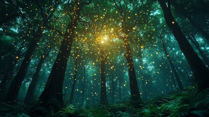 Obraz premium Mystical forest glowing with fireflies, night, nature