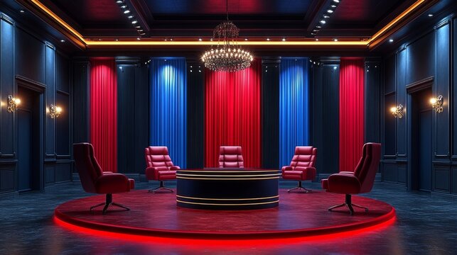 Elegant Red and Blue Studio Setup with Round Table and Plush Seating