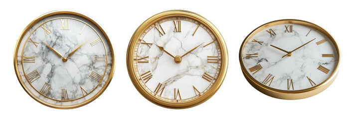 Classic Wall Clocks with Marble Design on Transparent Background