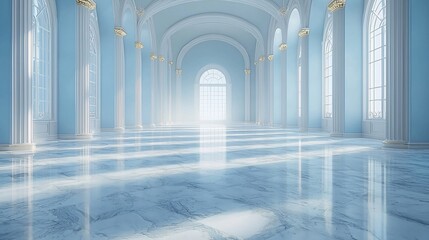 Sunlit blue marble hall with columns and arches.