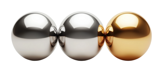 Gold silver and bronze sphere balls icon display studio digital minimalist close-up view high fidelity isolated on transparent background png