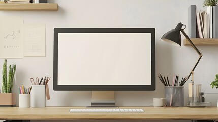 A clean and minimalistic mockup with a blank template on a wooden desk, surrounded by office supplies, offering a versatile background for design purposes. 