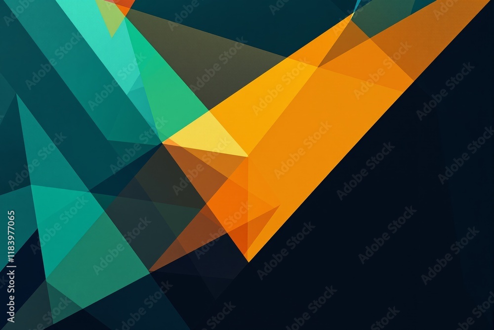 Poster abstract geometric shapes with sharp and layered triangles in orange, green, and yellow tones on a d