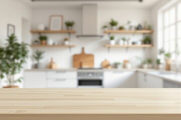 Fototapeta premium Wooden countertop in a bright kitchen with blurred background of shelves, plants, and utensils. Ideal for product display or presentation. Ai generative