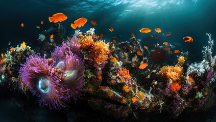 Obraz premium Vibrant Coral Reef: Underwater Scene with Orange Fish and Anemones