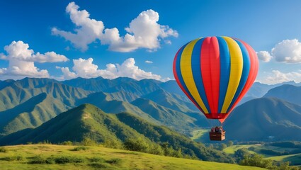 Fototapeta premium Amazing view of mountains with colorful hot air balloon. Travel concept. Artistic picture. Beauty world. Ai Generative.
