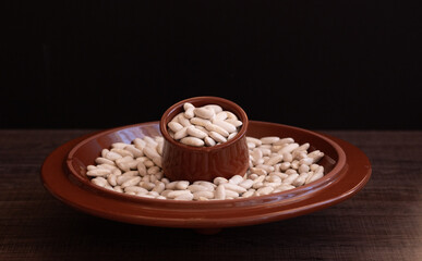 Large beans called fabes de la granja, typical of Asturias, resting on a clay plate and bowl
