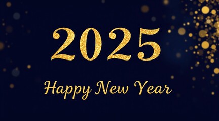 a digital greeting card for the new year 2025. The background is dark blue with gold glitter particles scattered all over it.