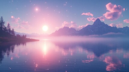 Serene sunrise over misty mountain lake.
