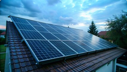 Naklejka premium Solar Panels on House Roof under Blue Sky Clean Energy Sustainable Home