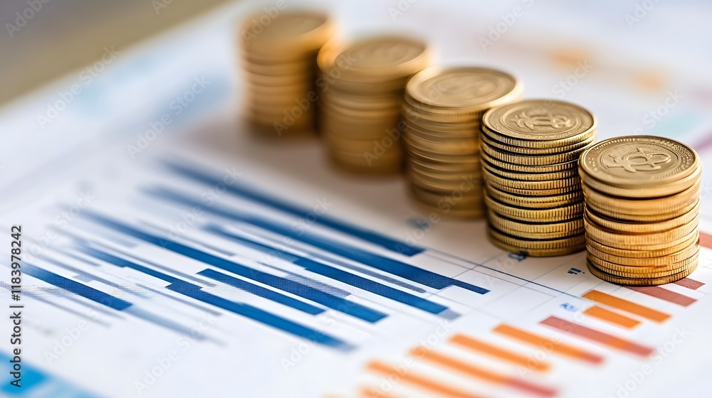 Poster a stack of gold coins sits on top of a graph with a line going through it. the coins are arranged in