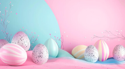 Pastel Easter eggs arranged on pink and blue gradient background Featuring speckled designs and soft stripes, complemented by delicate floral elements, festive springtime atmosphere copy space