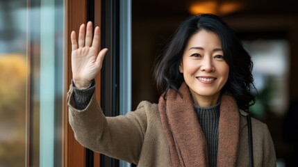A hospitable Asian woman with natural beauty waving hello at her front door, inviting guests to come inside.