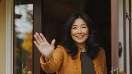 A hospitable Asian woman with natural beauty waving hello at her front door, inviting guests to come inside.