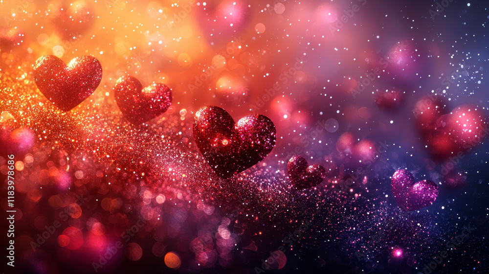 Wall mural glittering red hearts with sparkling bokeh lights in a vibrant dreamy atmosphere generative ai