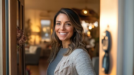 A hospitable homeowner holding open the door with a big smile, inviting guests into her cozy, rustic living room.