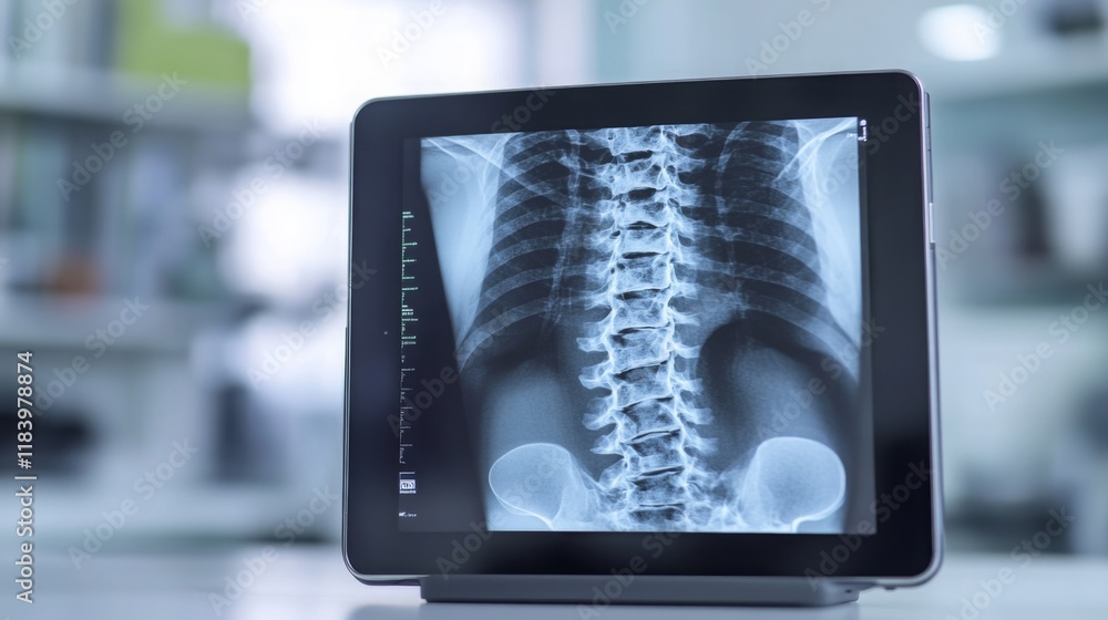 Fototapete an x-ray of the spine is viewed on a tablet device in a medical environment. the detailed image high