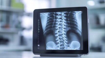 An x-ray of the spine is viewed on a tablet device in a medical environment. The detailed image highlights vertebral alignment, assisting doctors in diagnosing conditions.
