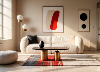 Minimalist, japandi home interior design of modern living room featuring boucle sofa, black modern coffee table, terra cotta accents and contemporary abstract art on beige stucco wall.