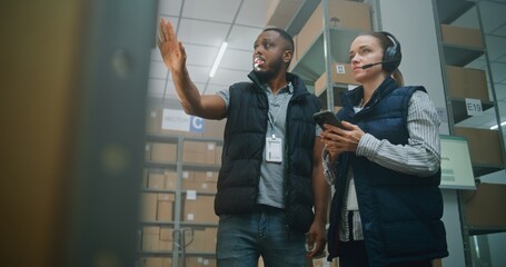 Diverse Sorting Center Employees in Warehouse Facility of E-Commerce Store: Female Manager in...