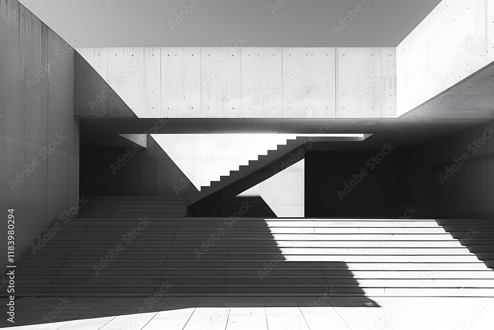 Poster black and white photo of a minimalist concrete structure. stairs ascend to an elevated platform, cre