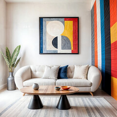 Minimalist, japandi home interior design of modern living room. Creative, colorful interior with curved white sofa near unique multicolored stripes wall, vibrant abstract art and artistic decor.