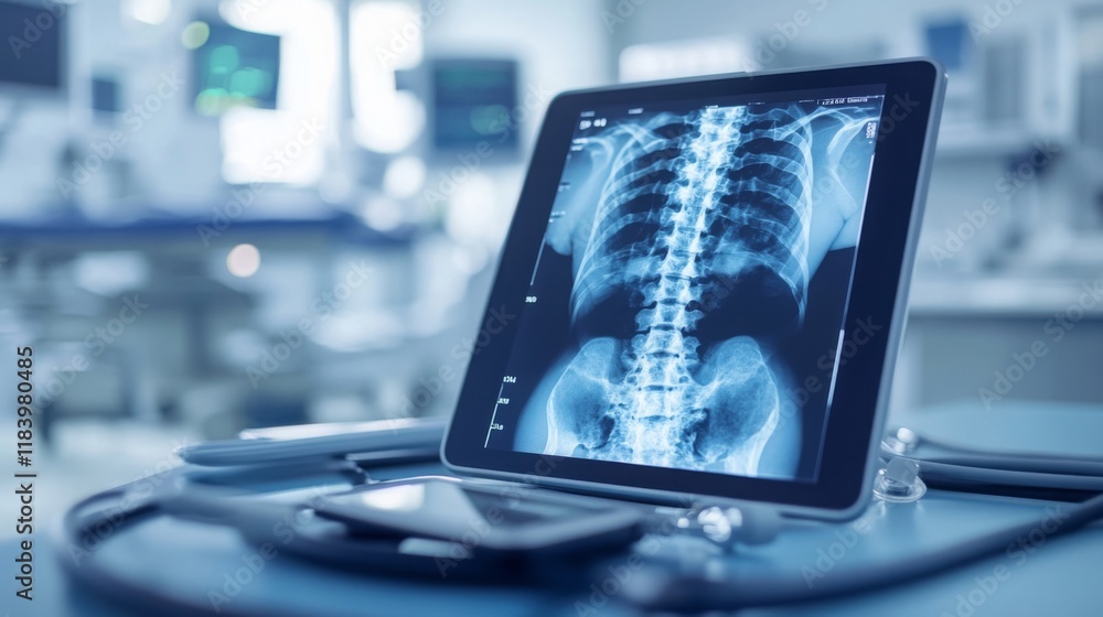 Poster a detailed view of an x-ray image shown on a tablet in a modern medical facility. this setup highlig