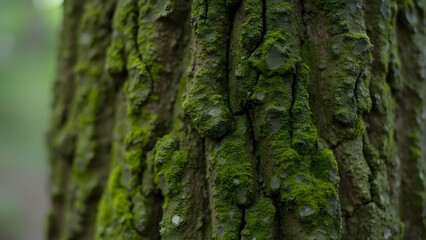 Obraz premium Close-Up of Lush Green Moss Growing on Textured Tree Bark, Nature Texture Background