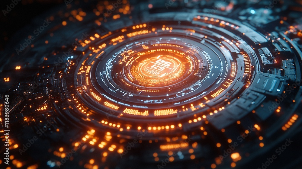 Poster glowing circular tech interface activating in dark space
