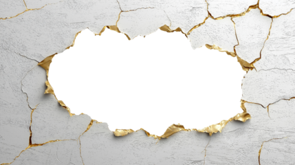Cracked wall with torn golden edges creating irregular transparent  opening