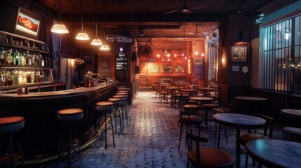 Dimly lit vintage bar interior.