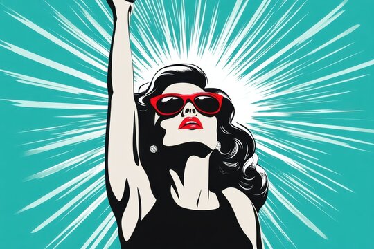 Empowered woman in pop art style with sunglasses raised arm