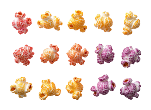 Colorful gourmet popcorn variety display studio setting food high fidelity freshness concept isolated on transparent background png