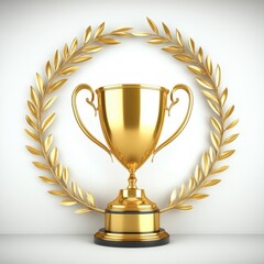 A shiny gold trophy surrounded by a laurel wreath, symbolizing victory and achievement, set against a simple background.
