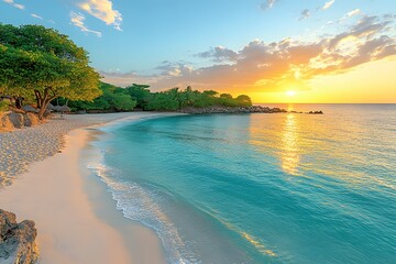 Tranquil Tropical Beach Sunset with Vibrant Skies and Serene Waters