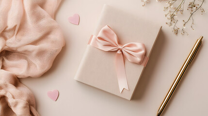 Elegant Beige Journal with Pink Satin Ribbon and Golden Pen on Soft White Fabric