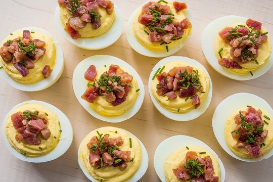 A collection of halved eggs topped with a creamy yellow filling