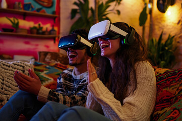 Happy latino couple enjoying together with virtual reality headset at home. Fusion of technology and relationships, idea of date, gadgets in bringing people closer together. Valentine's Day concept.