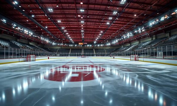 Empty hockey rink arena: A gleaming ice surface