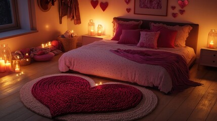 Romantic Bedroom with Candlelight and Heart-Shaped Rug