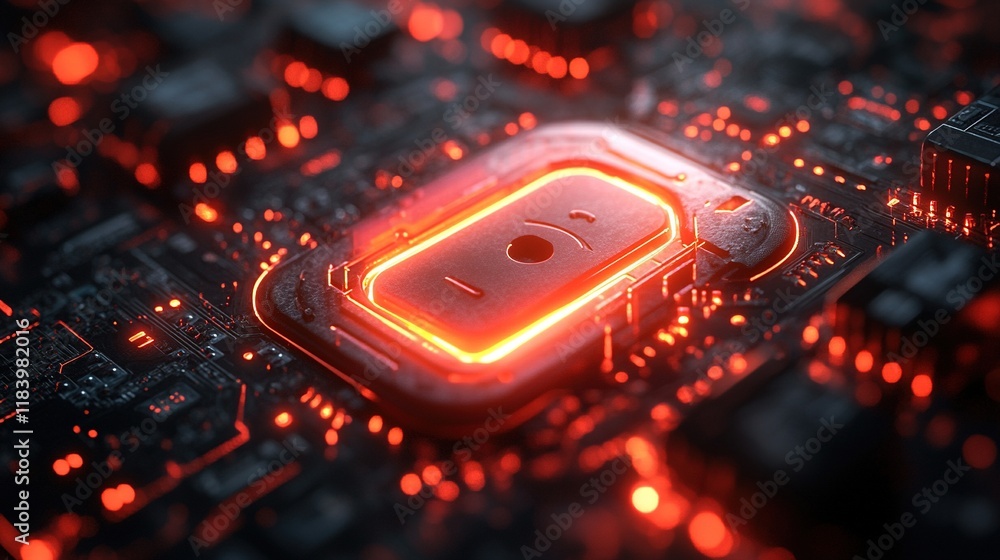 Poster glowing cpu on circuit board with red lights