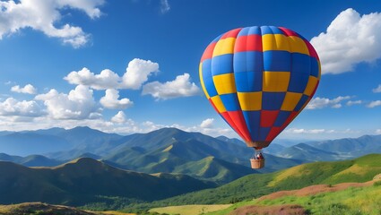 Fototapeta premium Amazing view of mountains with colorful hot air balloon. Travel concept. Artistic picture. Beauty world. Ai Generative.