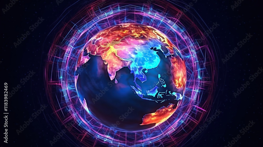 Poster technological background of the hologram planet earth. connection lines around earth globe.
