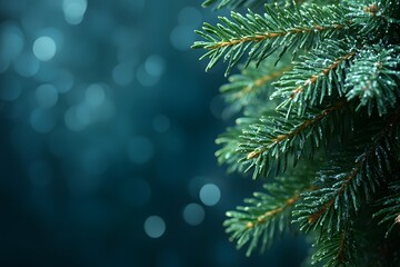 Winter Holiday Evergreen Branch with Dew on Blurred Background for Seasonal Design