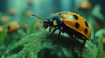Fototapeta premium Ladybug on leaf, dew drops, garden, bokeh, nature