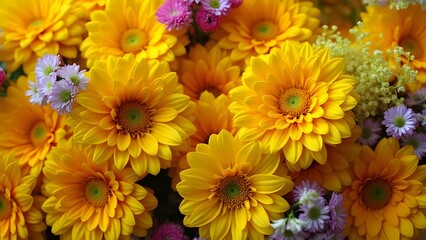 Fototapeta premium Vibrant Close-up of a Sunny Yellow Flower Arrangement, Stunning Floral Composition with Yellow and Purple Blooms
