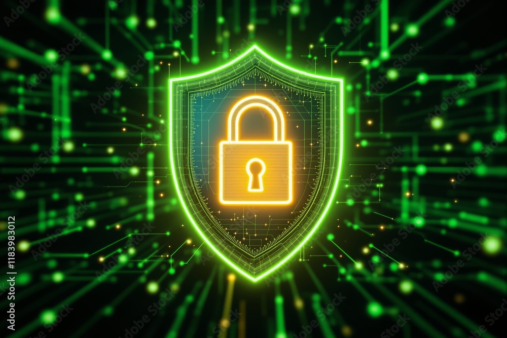 Poster glowing lock inside a shield surrounded by green digital lines on a dark background, symbolizing cyb