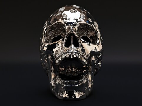 Chrome Skull Diamond Studded Sculpture Gothic Art Decor